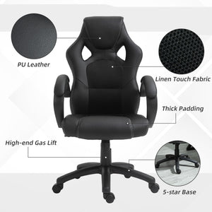 Chaise de bureau gaming Racing avec roulettes pivotantes, appui-tête rembourré et fonction inclinable, noire