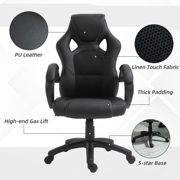Chaise de bureau gaming Racing avec roulettes pivotantes, appui-tête rembourré et fonction inclinable, noire