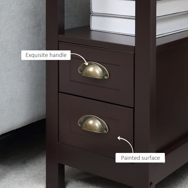 Table d'appoint étroite avec 2 tiroirs et étagère de rangement, café