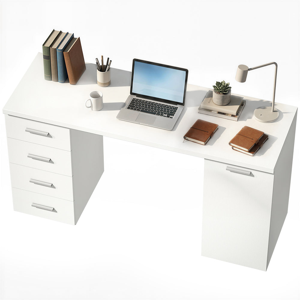 Bureau d'ordinateur avec étagère réglable, tiroirs et armoire, aspect bois blanc.
