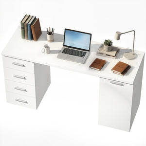 Bureau d'ordinateur avec étagère réglable, tiroirs et armoire, aspect bois blanc.