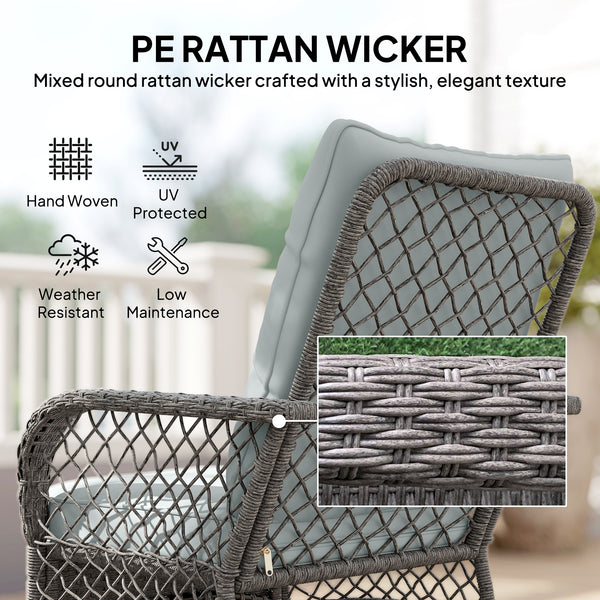 Rocking Bistro Set, 3 Piece Wicker Patio Furniture with High Back Rocking Chairs and 2-Tier Glass Table, Light Grey