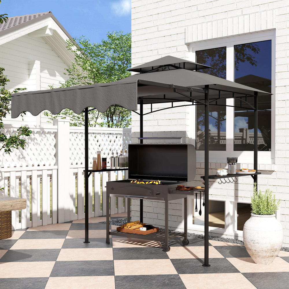 8' x 5' Grill Gazebo, Double Tiered Barbecue Grill Gazebo Shelter with Side Awning, 2 Side Shelves, 6 Hooks, Dark Grey
