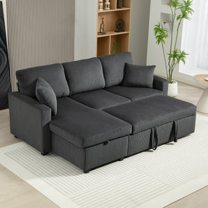81" Sofa Bed, 2 In 1 Pull Out Sleeper Sofa Bed with Storage, Corduroy Convertible Couch for Living Room, Dark Grey