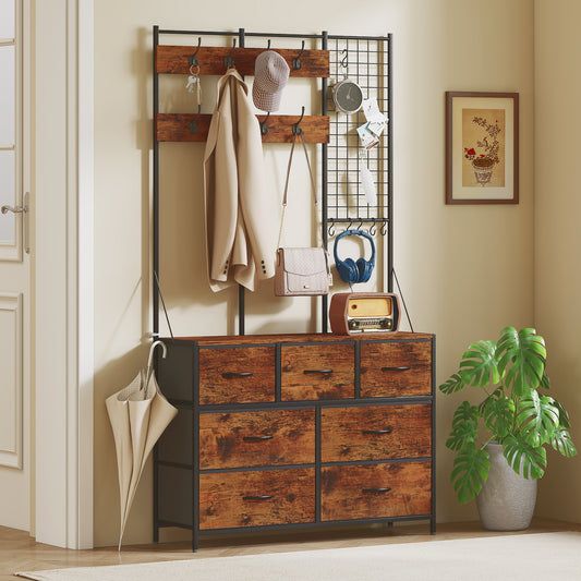 Porte-manteau 4 en 1 avec commode en tissu à 7 tiroirs et 14 crochets, marron rustique