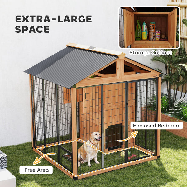 86" L Outdoor Dog House, Wooden Dog Kennel with Storage Cabinet, Stainless Steel Bowls for Large Breeds, Yellow