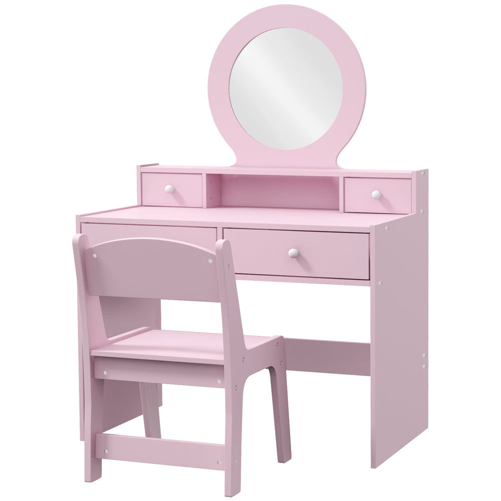 Coiffeuse avec miroir, tabouret et tiroirs de rangement, rose