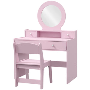 Coiffeuse avec miroir, tabouret et tiroirs de rangement, rose