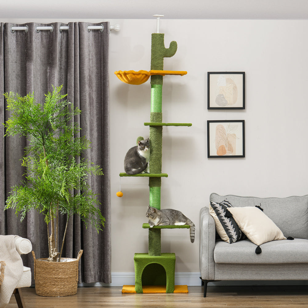 Cat tree with adjustable height from 230 to 274 cm, scratching posts, hammock, lounger and play ball, green