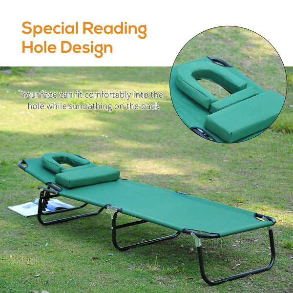Chaise longue pliante d'extérieur inclinable avec ouverture pour le visage, coussin amovible, dossier réglable en 3 positions, verte