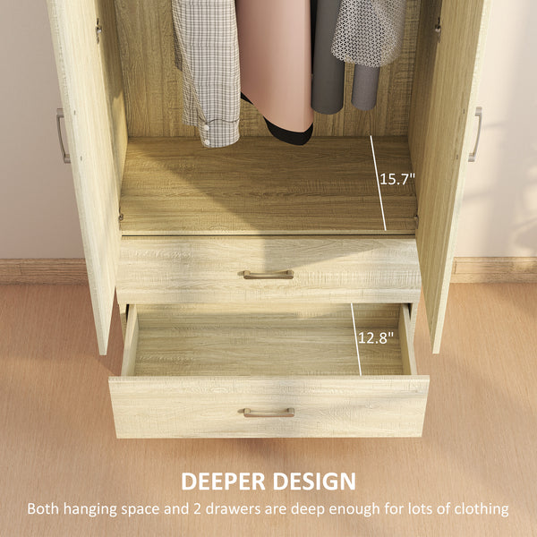 Armoire penderie avec tringle de suspension et 2 portes, rangement pour vêtements avec 2 tiroirs, chêne