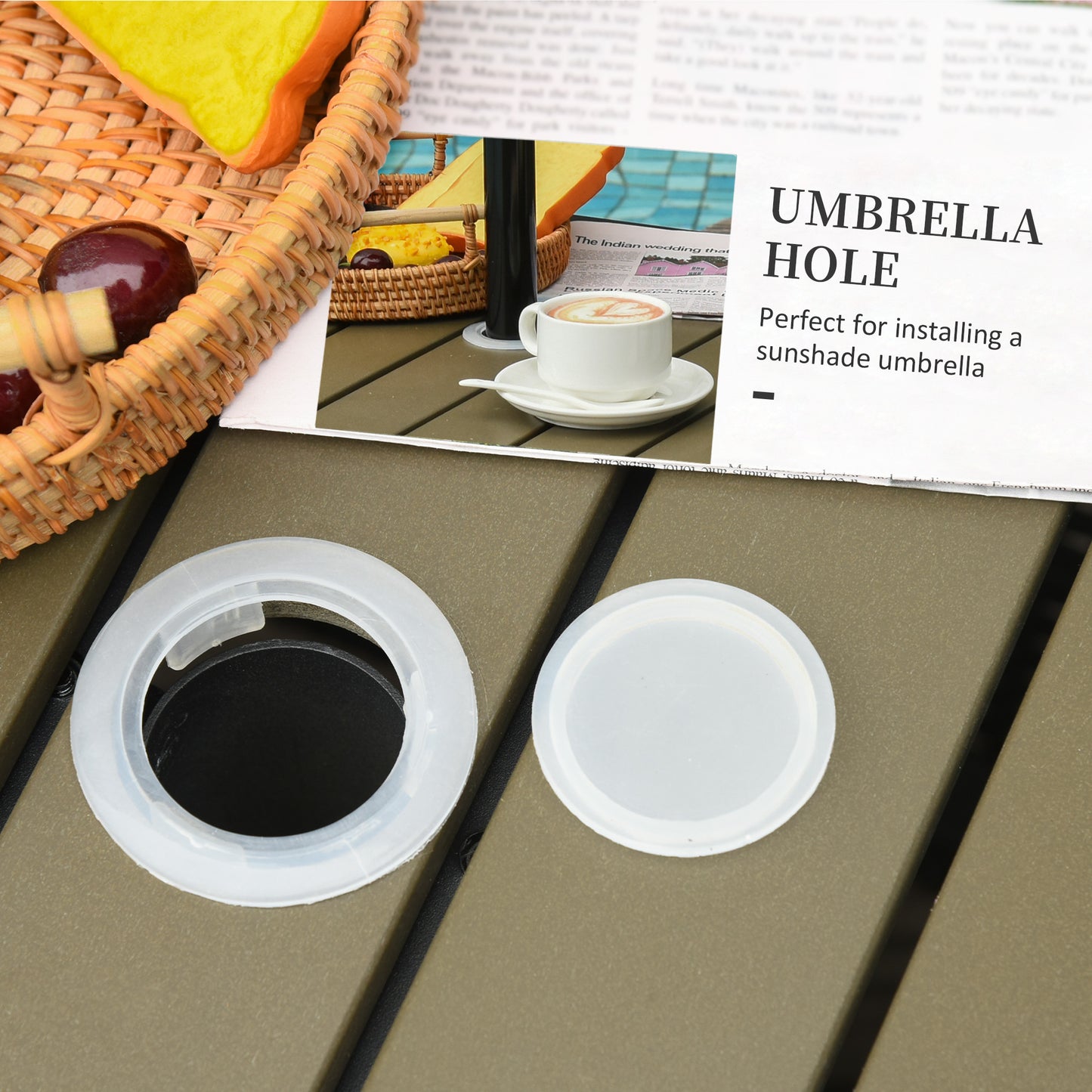 Outsunny 55cm Square Rattan Table with Umbrella Hole, Outdoor Dining Side Table, Can Be Used as an Umbrella Stand, Black