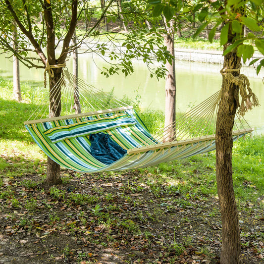 83" Double Hammock for 2 People with Pillow, Green and Blue Stripes