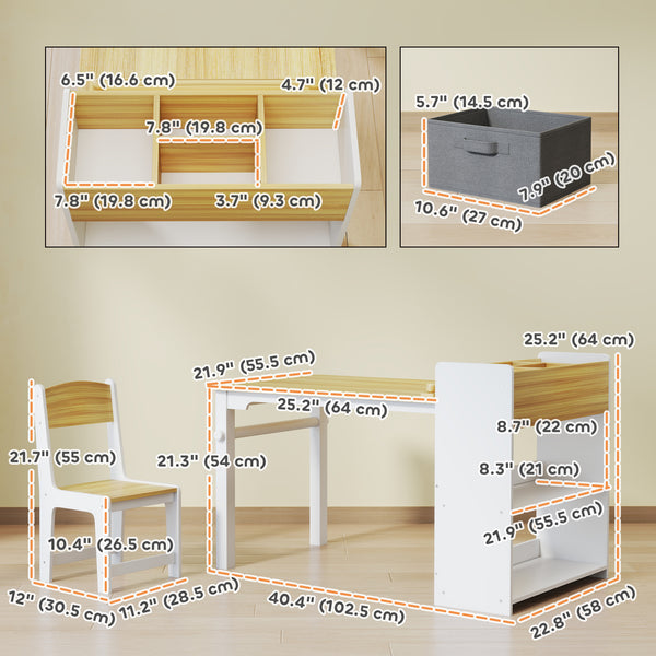 Toddler Table and Chairs with Paper Roll, Storage Shelves and Drawers, Natural Wood