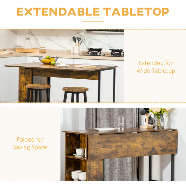 Extendable bar table with adjustable storage shelf, rustic brown