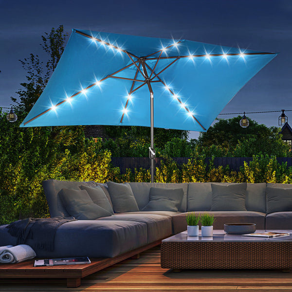 9.7-foot rectangular parasol with crank and LED lighting, turquoise
