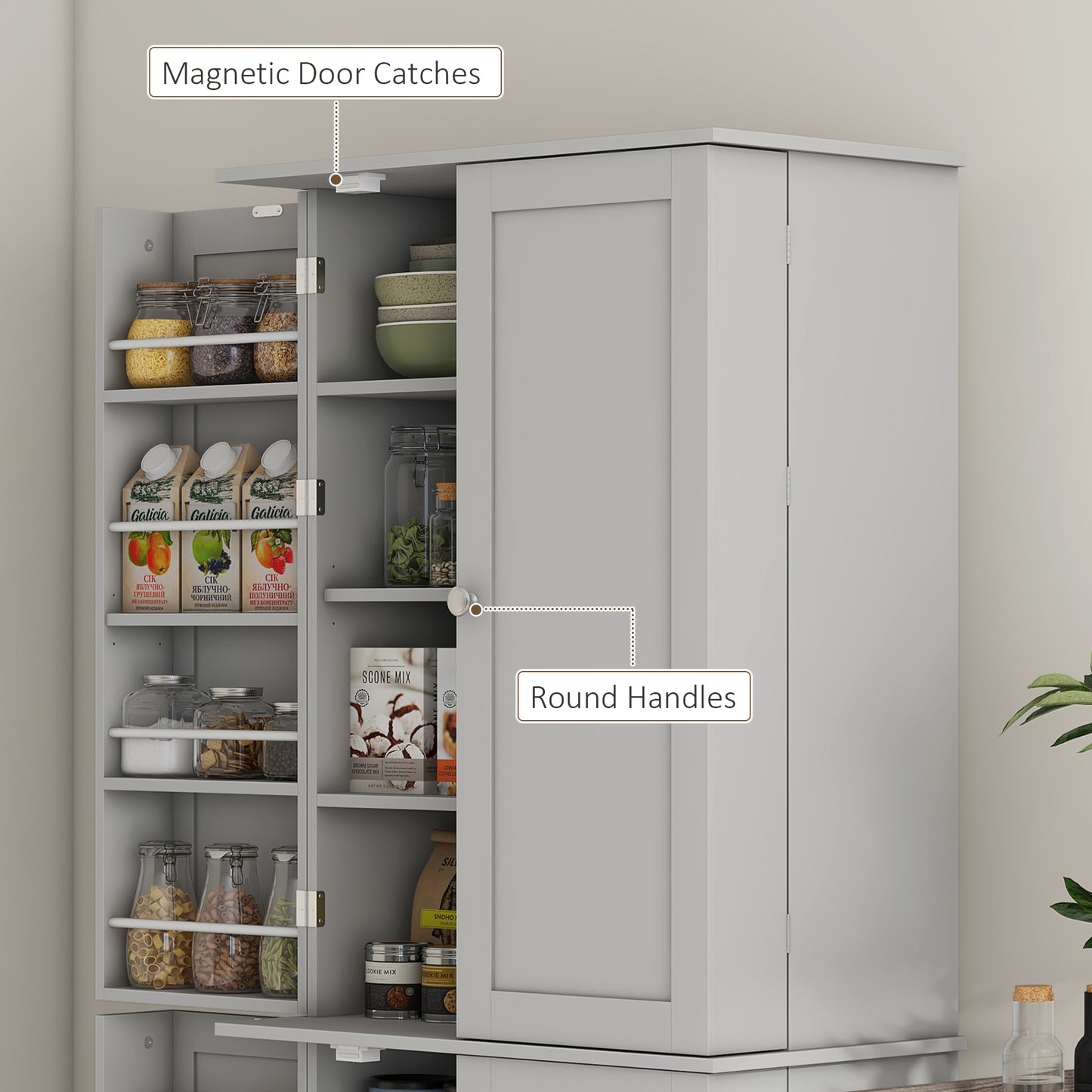 65-inch Kitchen Cabinet, Pantry with 4 Doors and 16 Shelves for Dining Room, Gray