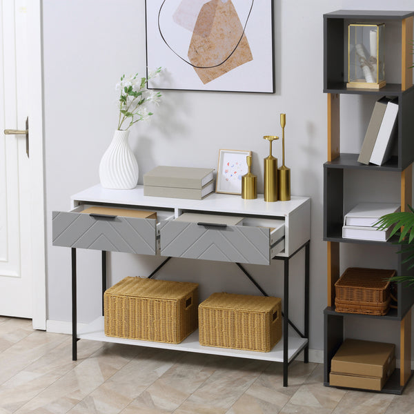 Console moderne avec 2 tiroirs, 2 niveaux avec étagère de rangement, blanc