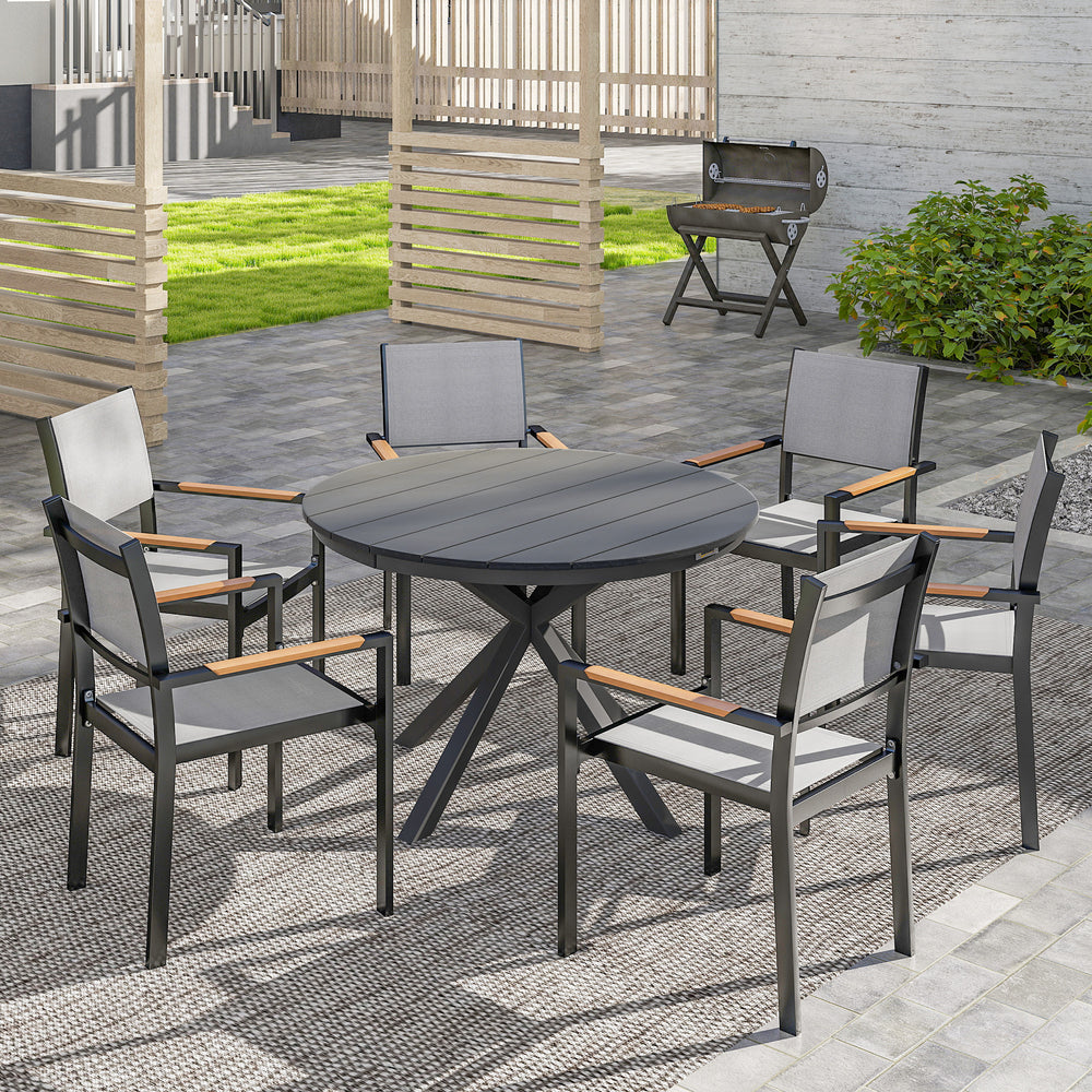 46.5" Outdoor Dining Table for 6, Round Picnic Table with Slatted Top for Balcony, Porch, Black