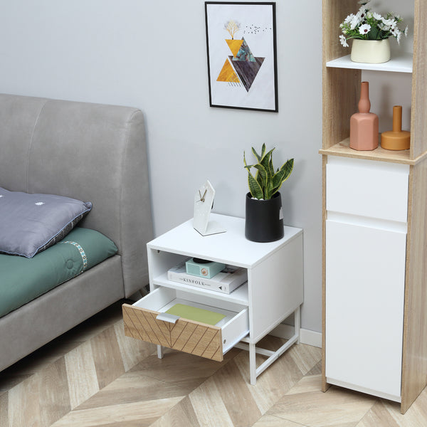 Table de chevet moderne avec tiroir et étagère de rangement, blanc et chêne