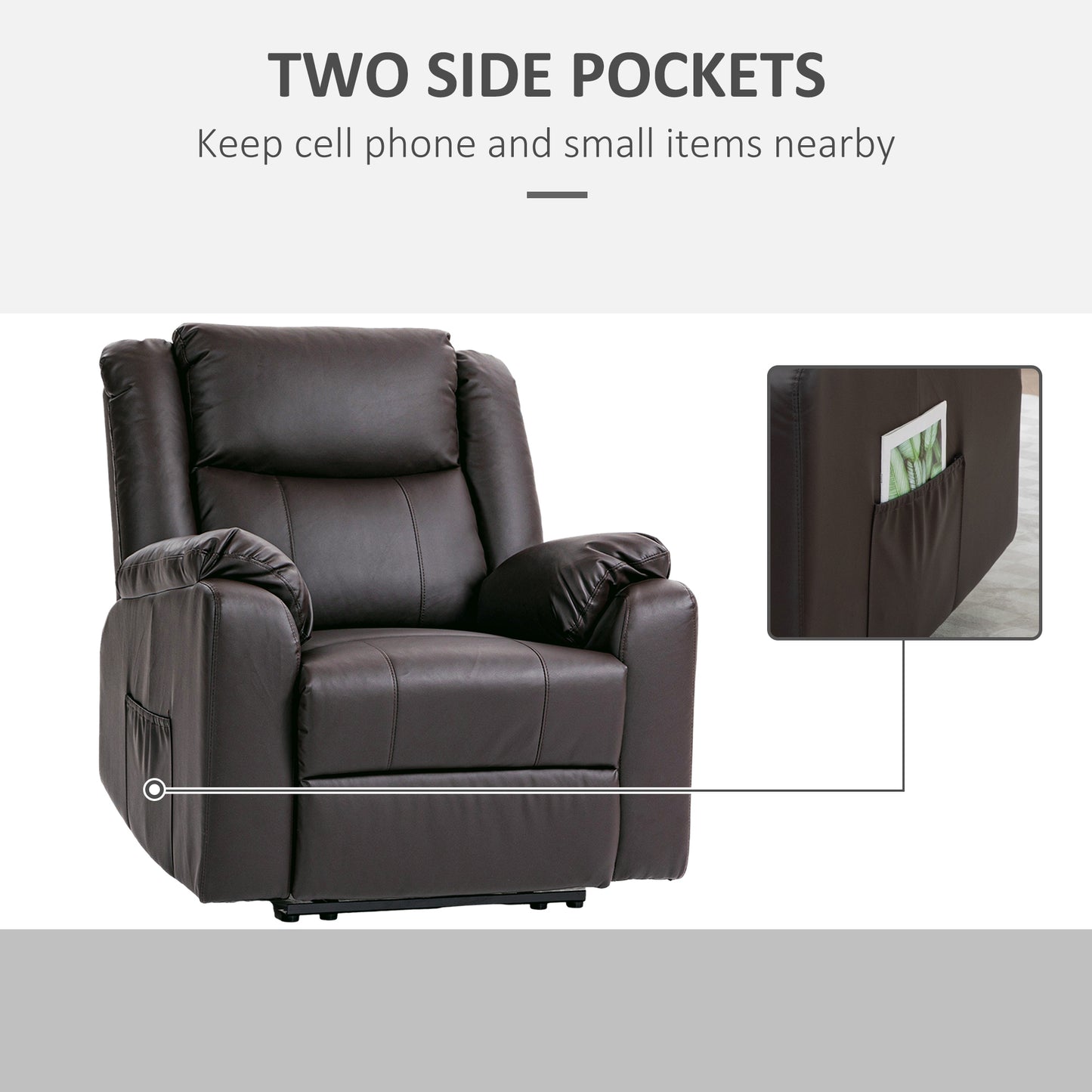 Fauteuil inclinable en similicuir avec repose-pieds et 2 poches latérales, marron
