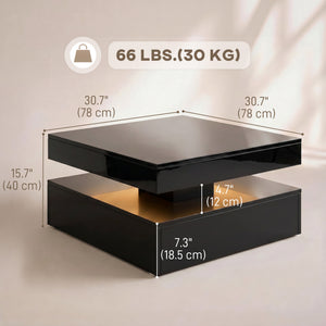Table basse LED avec rangement à 2 niveaux avec étagère ouverte et télécommande pour salon, noir brillant