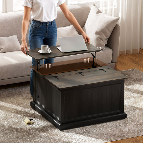 Coffee table with lift-top and charging station in country style, black wood look.
