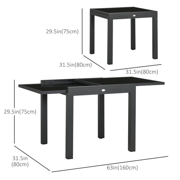 Table de jardin extensible avec structure en aluminium et plateau en verre trempé, noire