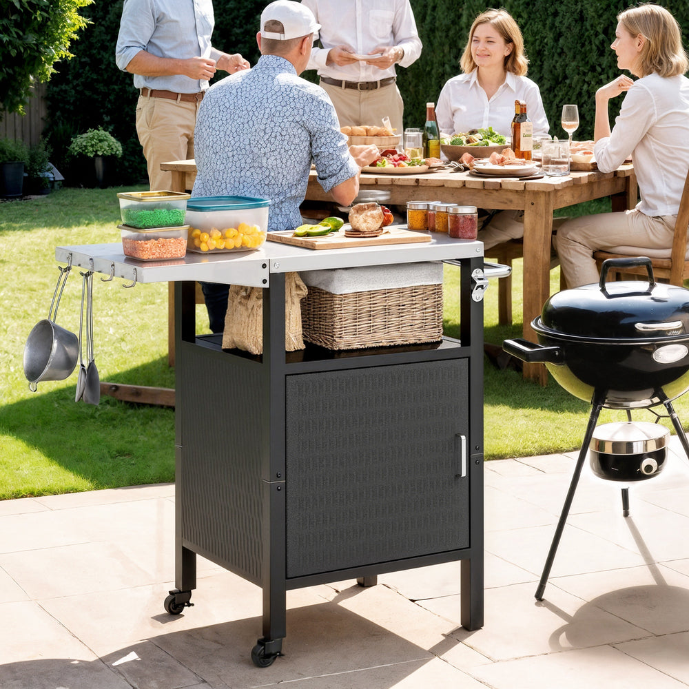 Chariot de cuisine avec plateau en acier inoxydable, argent et noir