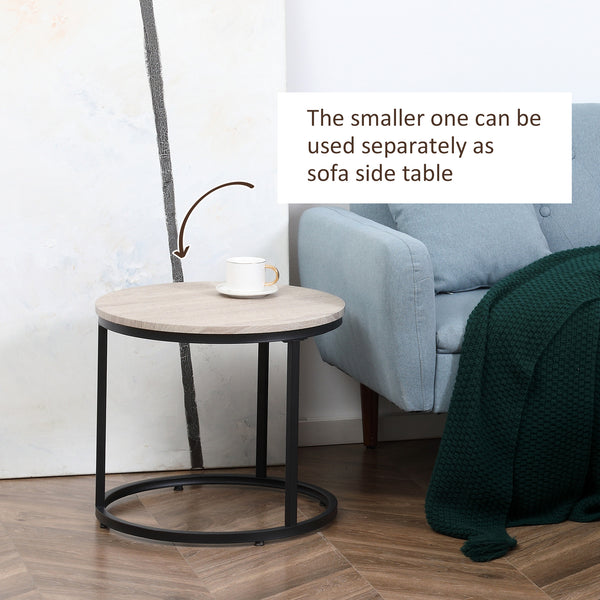 Lot de 2 tables basses ronde avec structure en métal, grain de bois gris