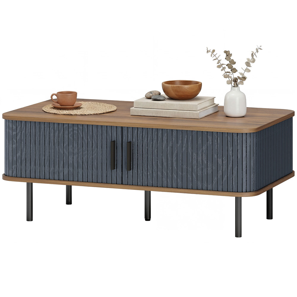 Coffee table with storage and fluted sliding doors – Black and walnut