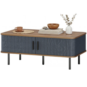 Nordic Side Table with Fluted Tambour Sliding Doors and Steel Legs, Coffee Table with Storage for Living Room, Black