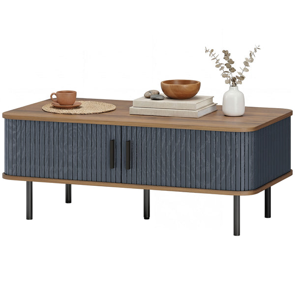 Nordic Side Table with Fluted Tambour Sliding Doors and Steel Legs, Coffee Table with Storage for Living Room, Black
