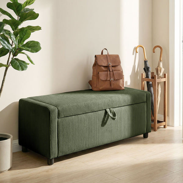 Corduroy Storage Ottoman with Thick Padding, Bedroom Storage Bench, Dark Green