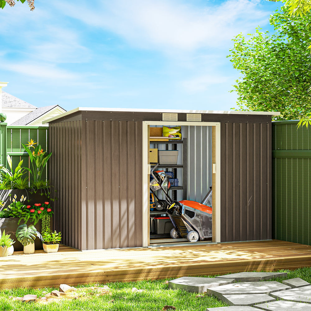 Metal garden shed with foundation kit, ventilation and doors, light grey
