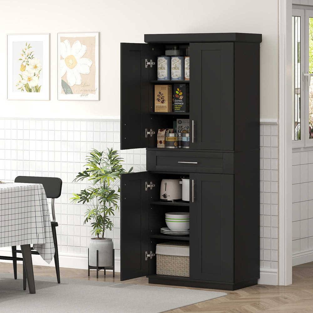 Garde-manger de 72 pouces avec 4 portes, tiroir et 3 étagères réglables, noir