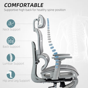 Chaise de bureau en résille avec accoudoirs 3D, dossier haut et soutien lombaire, inclinable à 135°, appui-tête réglable, gris