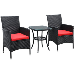 3 Pieces Wicker Patio Furniture Set, Rattan Bistro Set with Glass Top Coffee Table and Cushions, Outdoor Conversation Set for Garden, Porch, Balcony, Red
