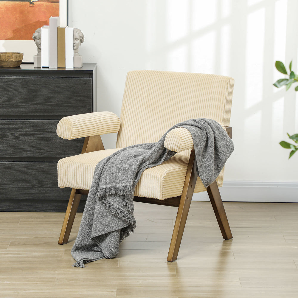 Fauteuil d'appoint en velours côtelé avec assise large et accoudoirs rembourrés, beige