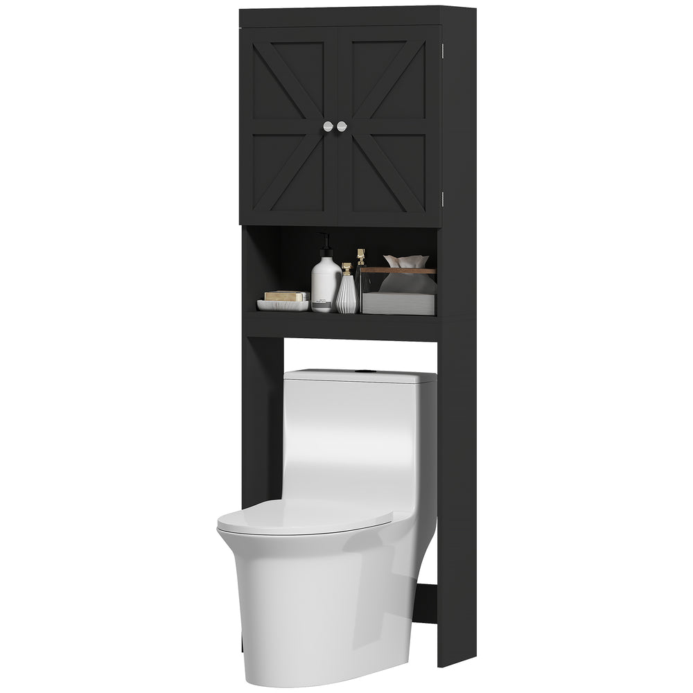 Meuble de rangement pour salle de bain moderne, avec portes de grange et étagère ouverte, noir