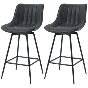 Set of 2 counter-height bar stools, upholstered in PU leather, with backrest, footrest and steel legs, black