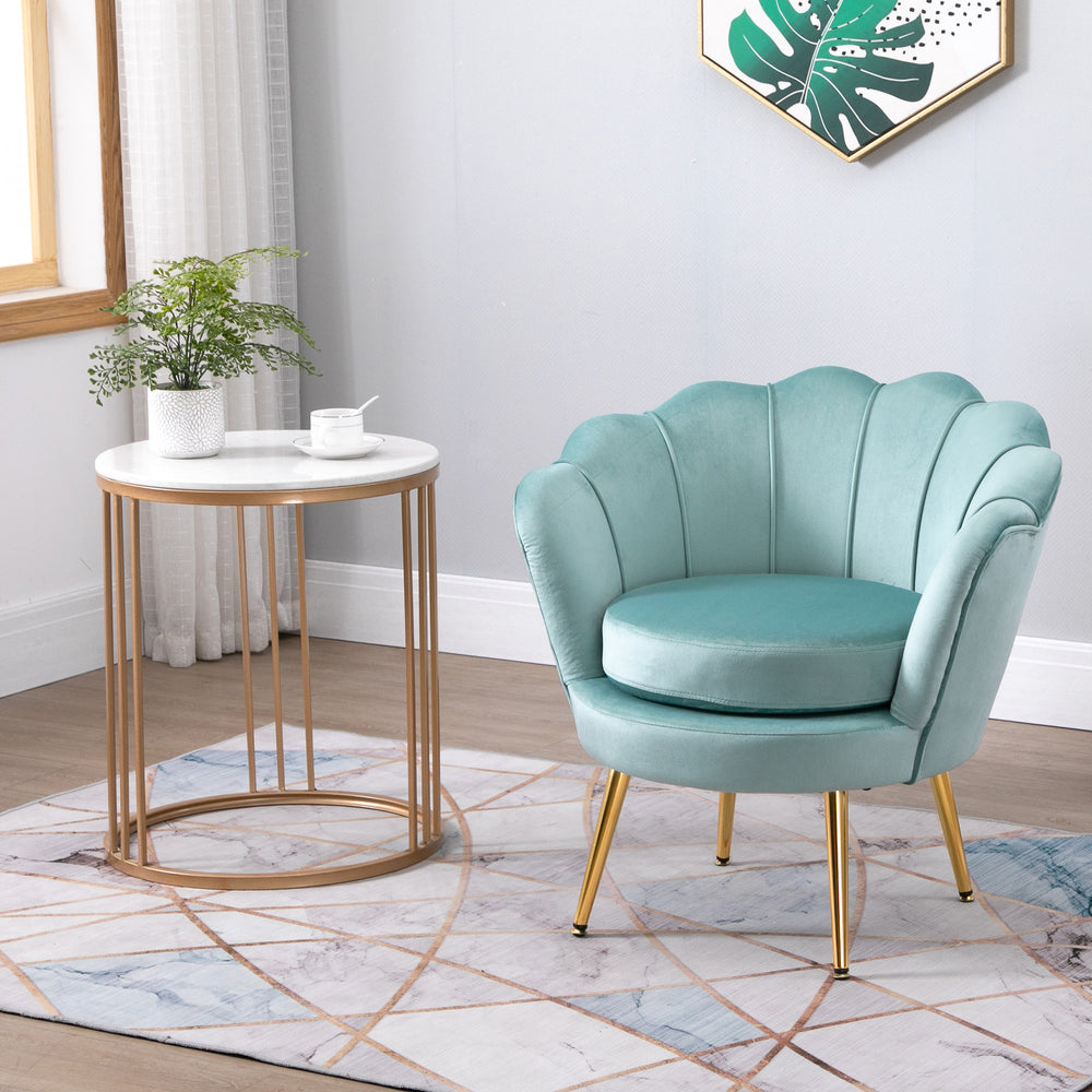 Fauteuil d'appoint lotus en tissu velours avec pieds en métal doré, vert