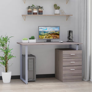 Bureau d'ordinateur en L avec tiroirs de classement réversibles multi-usages, cadre en métal, grain de bois gris