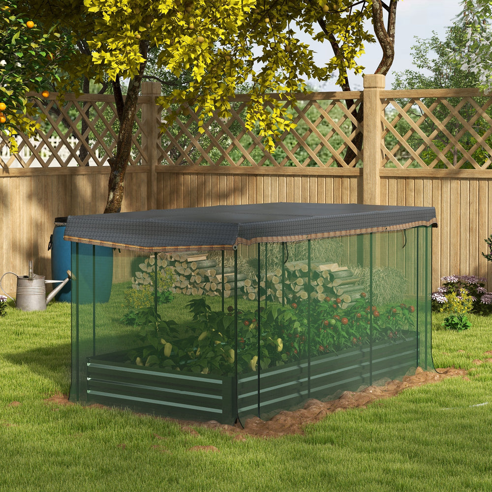 Raised galvanized steel planter with growing cage and shade cloth
