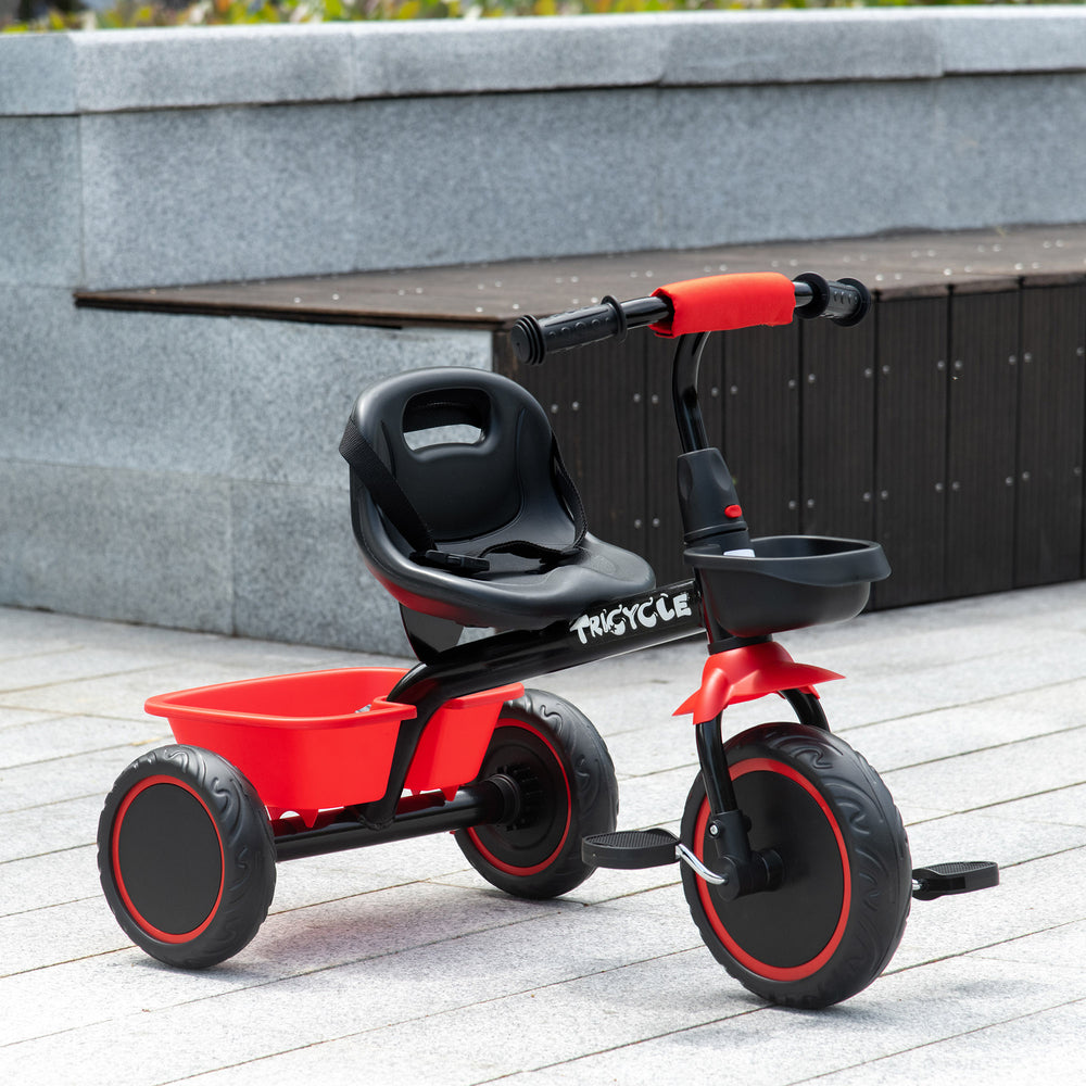 Grand tricycle avec siège réglable, ceinture de sécurité, deux paniers de rangement, rouge