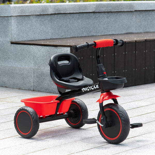 Grand tricycle avec siège réglable, ceinture de sécurité, deux paniers de rangement, rouge