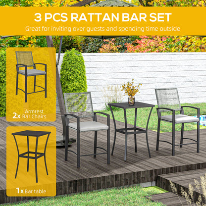 Ensemble table et chaises de bar en rotin 3 pièces avec coussins