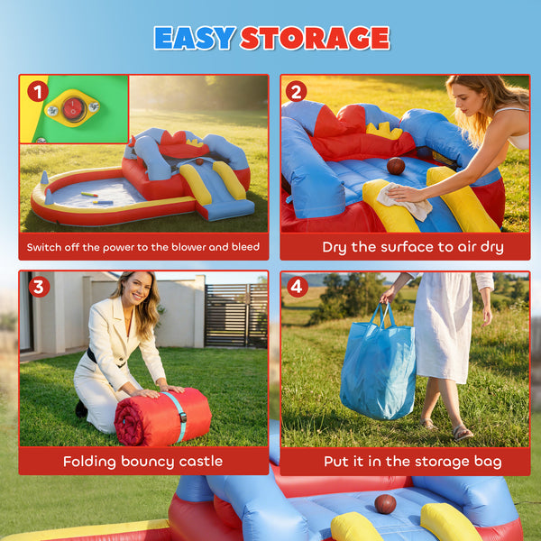 Château gonflable pour enfants avec toboggan, piscine à balles, panier de basket et souffleur pour une utilisation intérieure et extérieure.
