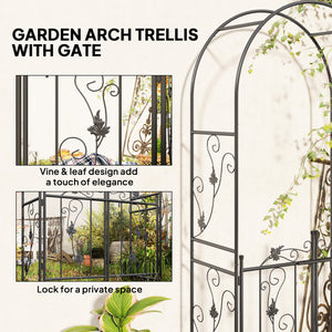 Arche de jardin en acier de 2,1 m avec portail, treillis pour plantes grimpantes, rosiers, vignes, arche de mariage pour extérieur, jardin, pelouse, arrière-cour, noir