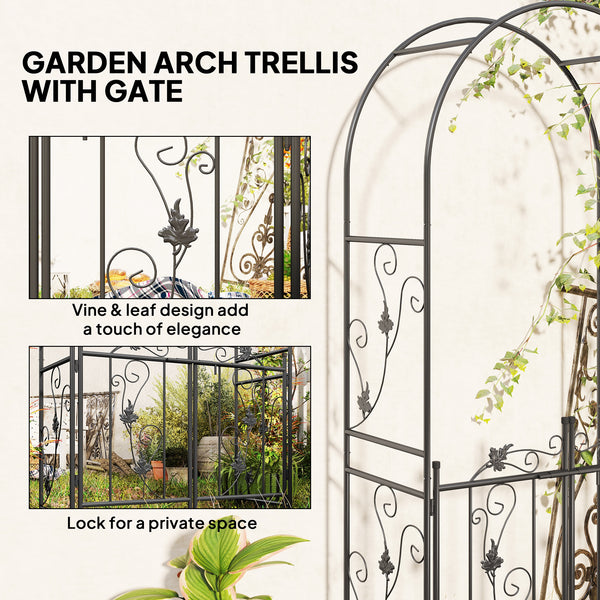 Arche de jardin en acier de 2,1 m avec portail, treillis pour plantes grimpantes, rosiers, vignes, arche de mariage pour extérieur, jardin, pelouse, arrière-cour, noir